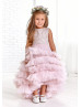 High Low Mauve Pink Lace Tulle Layered Flower Girl Dress